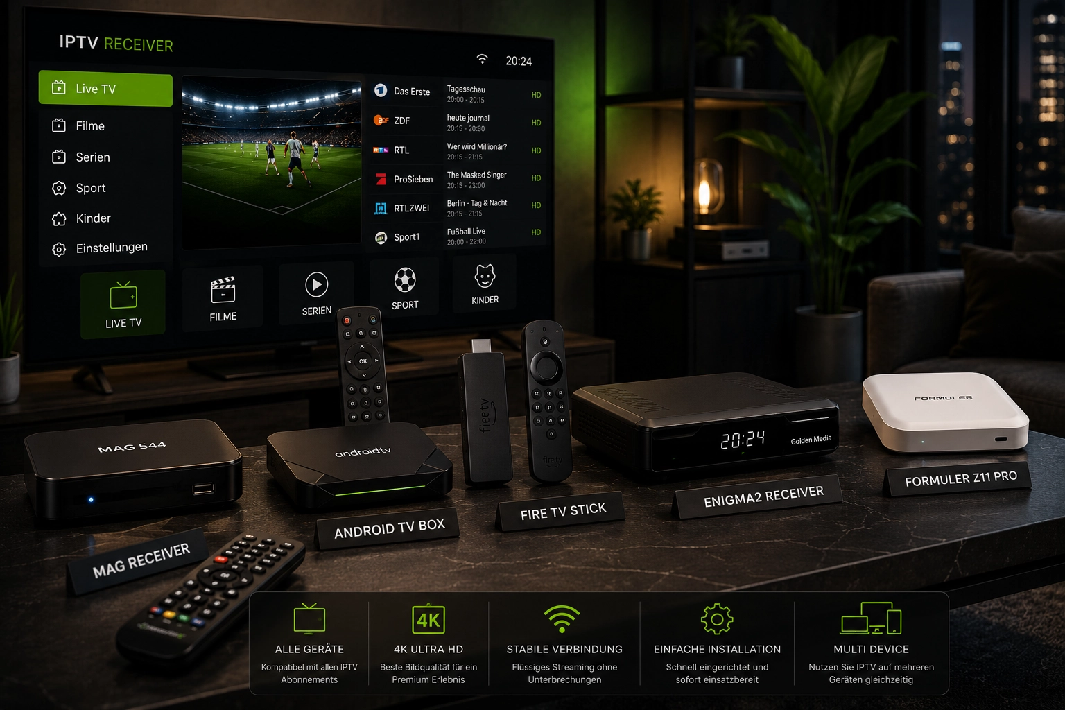 IPTV Receiver Setup mit HDMI und Fernbedienung am modernen Fernseher